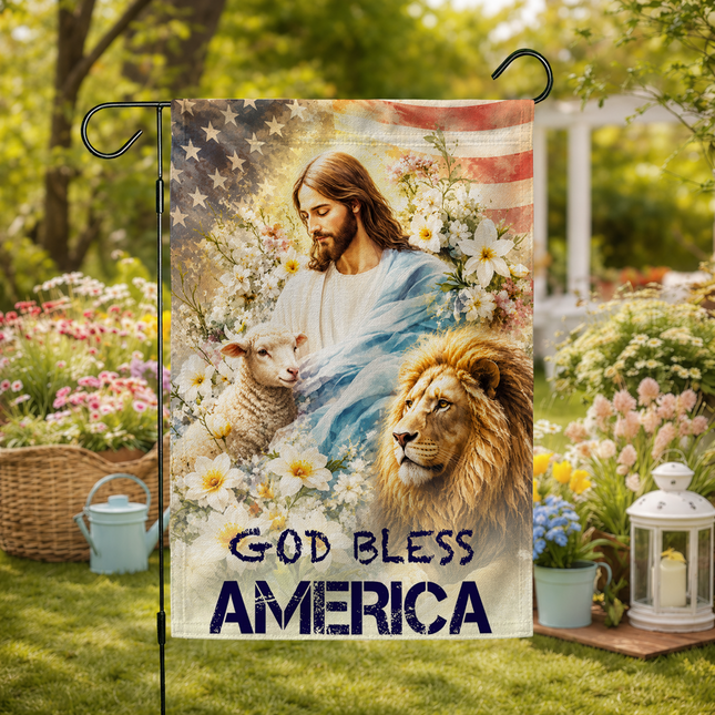 SP-01 God Bless America Jesus Lion Lamb Christian Garden Flag Patriotic Celebrations