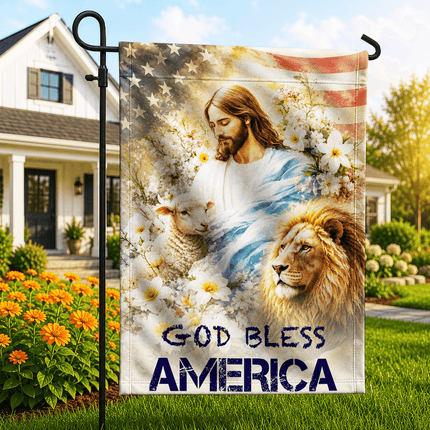 God Bless America Jesus Lamb Lion Floral Flag