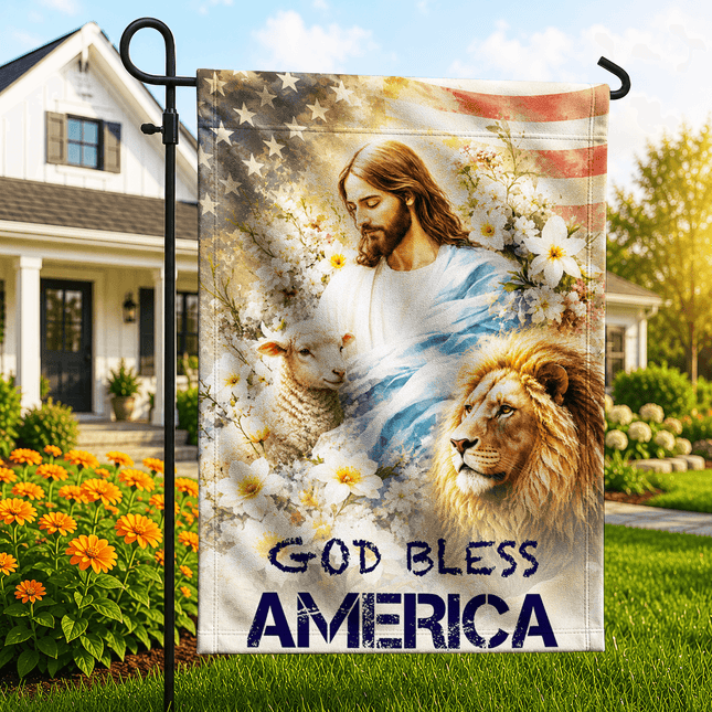 God Bless America Jesus Lamb Lion Floral Flag