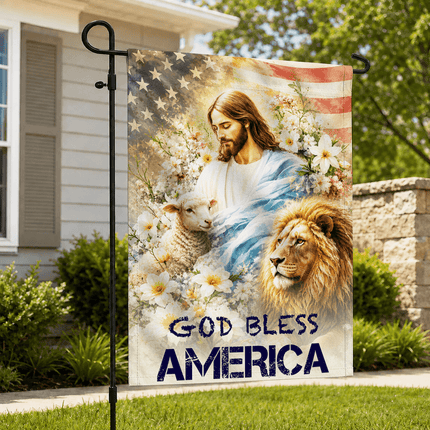 God Bless America Jesus Lamb Lion Floral Flag