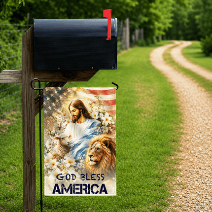 God Bless America Jesus Lamb Lion Floral Flag