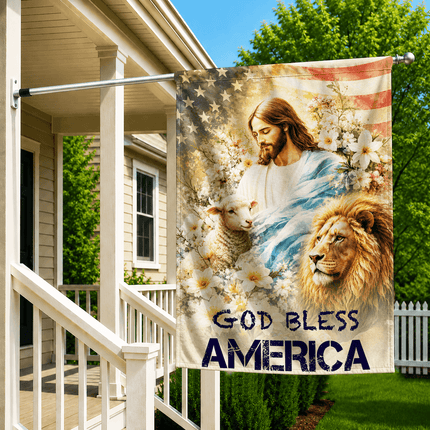 God Bless America Jesus Lamb Lion Floral Flag