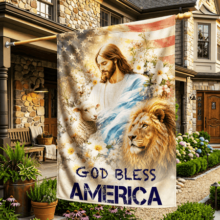 God Bless America Jesus Lamb Lion Floral Flag
