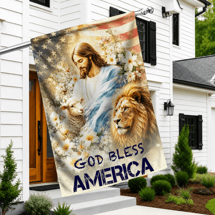 God Bless America Jesus Lamb Lion Floral Flag