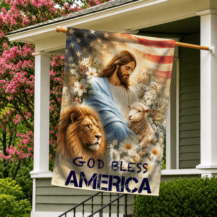 God Bless America Jesus Lamb Lion Floral Flag