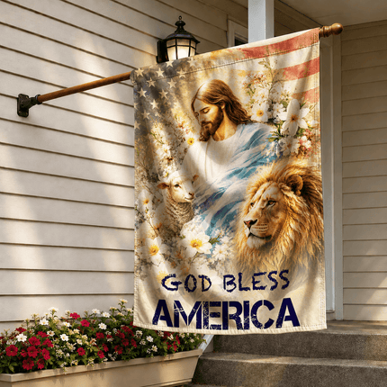 God Bless America Jesus Lamb Lion Floral Flag