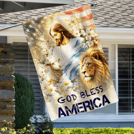 God Bless America Jesus Lamb Lion Floral Flag