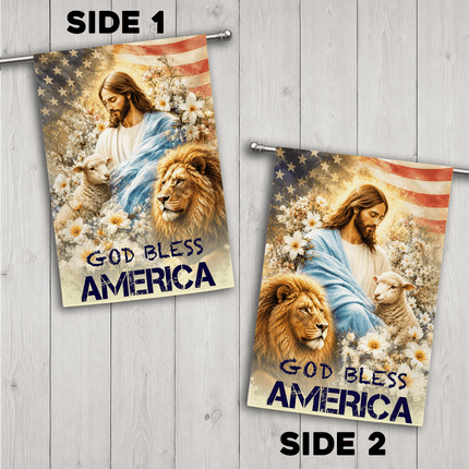 God Bless America Jesus Lamb Lion Floral Flag