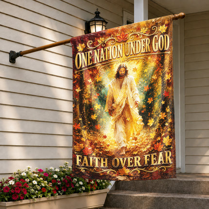Faith Over Fear Autumn Jesus Christian Flag One Nation Under God