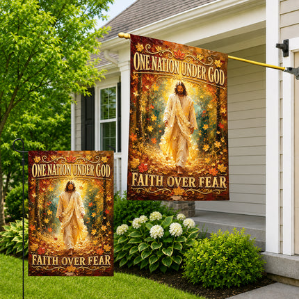 Faith Over Fear Autumn Jesus Christian Flag One Nation Under God