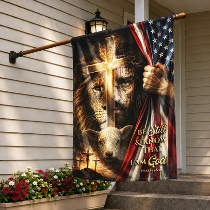 Psalm 46:10 Christian Flag Be Still And Know God Jesus Lion Lamb Cross