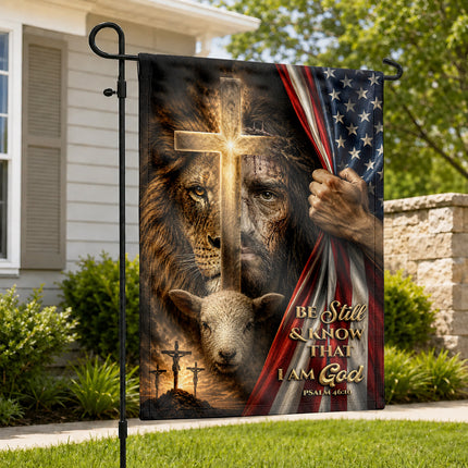 Psalm 46:10 Christian Flag Be Still And Know God Jesus Lion Lamb Cross