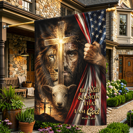 Psalm 46:10 Christian Flag Be Still And Know God Jesus Lion Lamb Cross