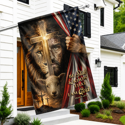 Psalm 46:10 Christian Flag Be Still And Know God Jesus Lion Lamb Cross