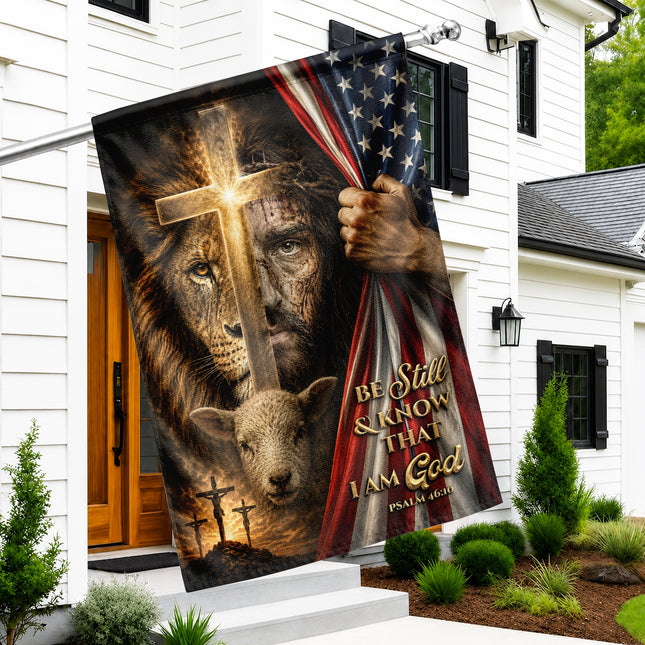 Psalm 46:10 Christian Flag Be Still And Know God Jesus Lion Lamb Cross