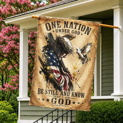 Psalm 46:10 Christian Flag Jesus Carrying Cross One Nation Under God