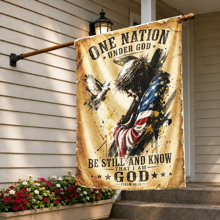 Psalm 46:10 Christian Flag Jesus Carrying Cross One Nation Under God