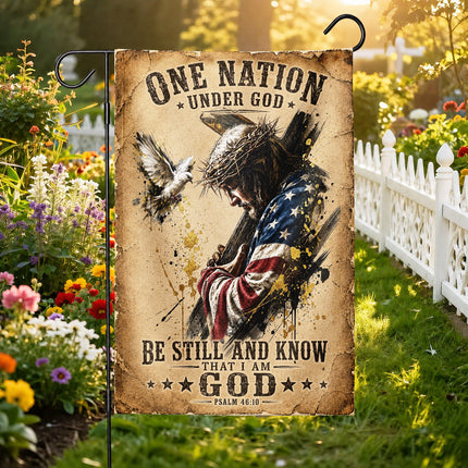 Psalm 46:10 Christian Flag Jesus Carrying Cross One Nation Under God
