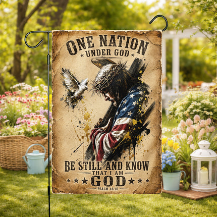 Psalm 46:10 Christian Flag Jesus Carrying Cross One Nation Under God