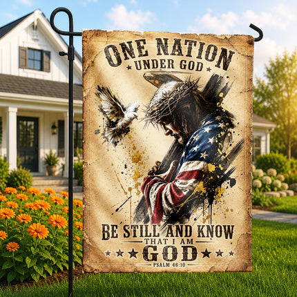 Psalm 46:10 Christian Flag Jesus Carrying Cross One Nation Under God