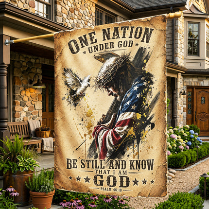 Psalm 46:10 Christian Flag Jesus Carrying Cross One Nation Under God