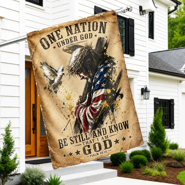 Psalm 46:10 Christian Flag Jesus Carrying Cross One Nation Under God
