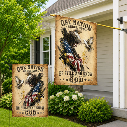 Psalm 46:10 Christian Flag Jesus Carrying Cross One Nation Under God