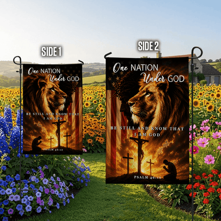 One Nation Under God Be Still And Know That I Am God Praying Lion Cross Flag