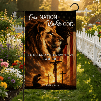 One Nation Under God Be Still And Know That I Am God Praying Lion Cross Flag