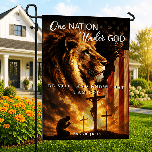 One Nation Under God Be Still And Know That I Am God Praying Lion Cross Flag
