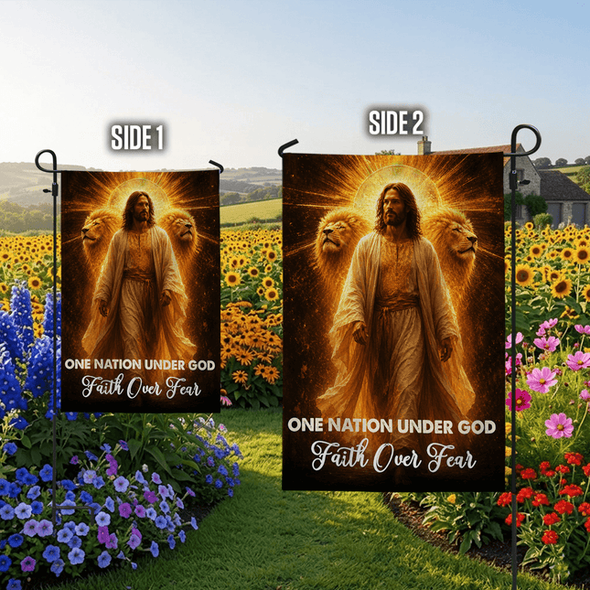 One Nation Under God Faith Over Fear Golden Jesus Lions Flag