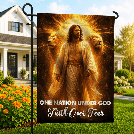 One Nation Under God Faith Over Fear Golden Jesus Lions Flag