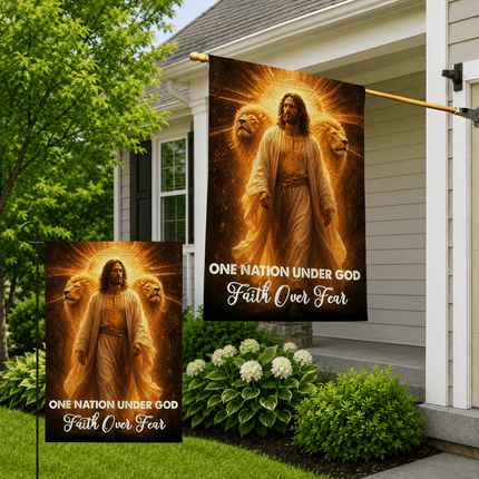 One Nation Under God Faith Over Fear Golden Jesus Lions Flag