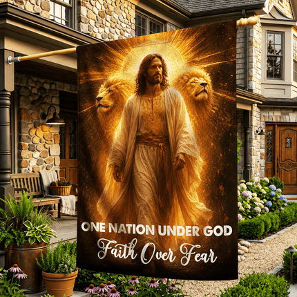 One Nation Under God Faith Over Fear Golden Jesus Lions Flag