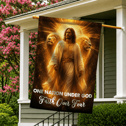 One Nation Under God Faith Over Fear Golden Jesus Lions Flag