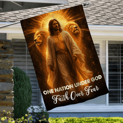 One Nation Under God Faith Over Fear Golden Jesus Lions Flag