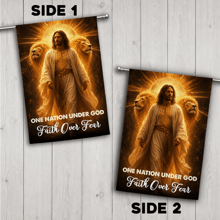 One Nation Under God Faith Over Fear Golden Jesus Lions Flag