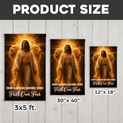 One Nation Under God Faith Over Fear Golden Jesus Lions Flag