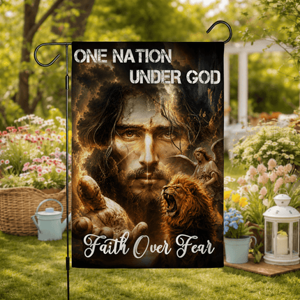 One Nation Under God Faith Over Fear Reaching Jesus Lion Angel Flag