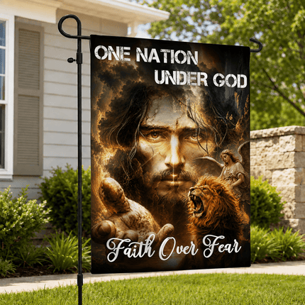 One Nation Under God Faith Over Fear Reaching Jesus Lion Angel Flag