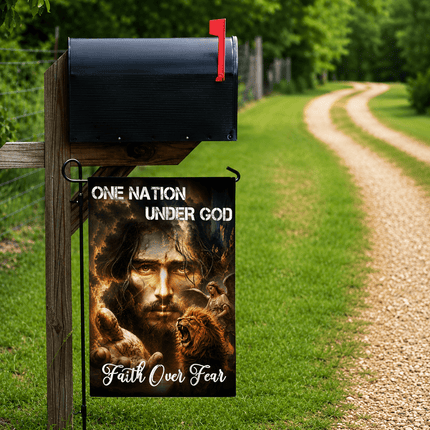 One Nation Under God Faith Over Fear Reaching Jesus Lion Angel Flag