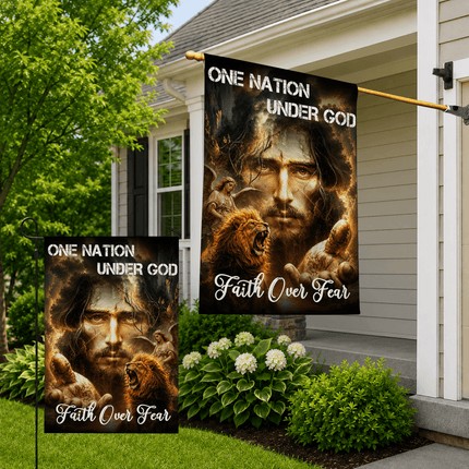 One Nation Under God Faith Over Fear Reaching Jesus Lion Angel Flag