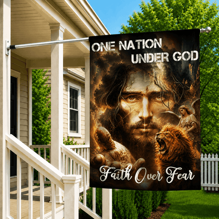 One Nation Under God Faith Over Fear Reaching Jesus Lion Angel Flag