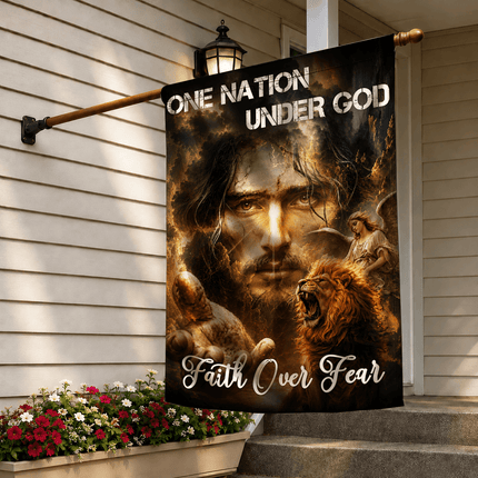 One Nation Under God Faith Over Fear Reaching Jesus Lion Angel Flag