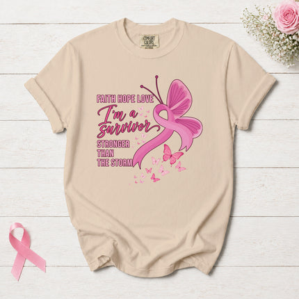 Comfort Colors Breast Cancer Awareness Survivor Pink Ribbon Butterfly Faith Hope Love T-Shirt