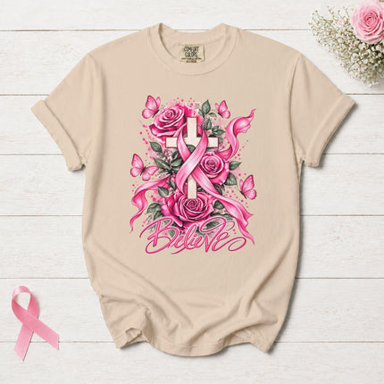 Comfort Colors Breast Cancer Awareness Believe Pink Ribbon Faith Floral T-Shirt