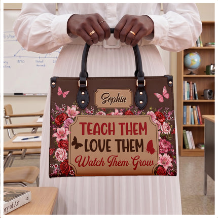 Personalized Teacher Leather Handbag Floral Teach Love Grow