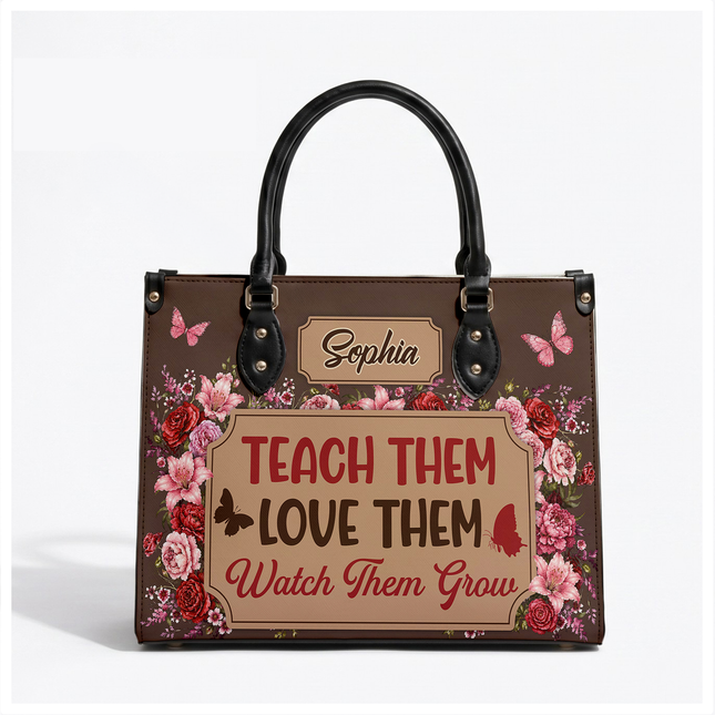 Personalized Teacher Leather Handbag Floral Teach Love Grow