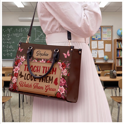 Personalized Teacher Leather Handbag Floral Teach Love Grow