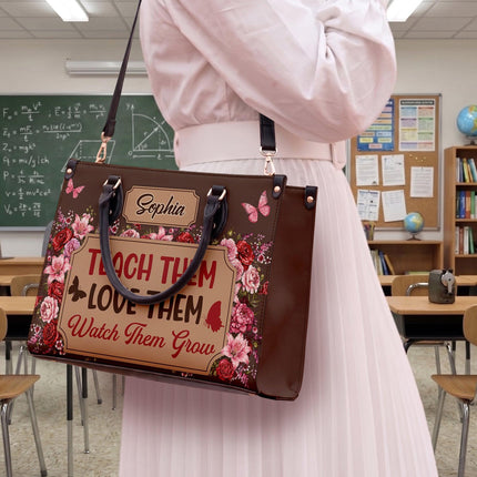 Personalized Teacher Leather Handbag Floral Teach Love Grow